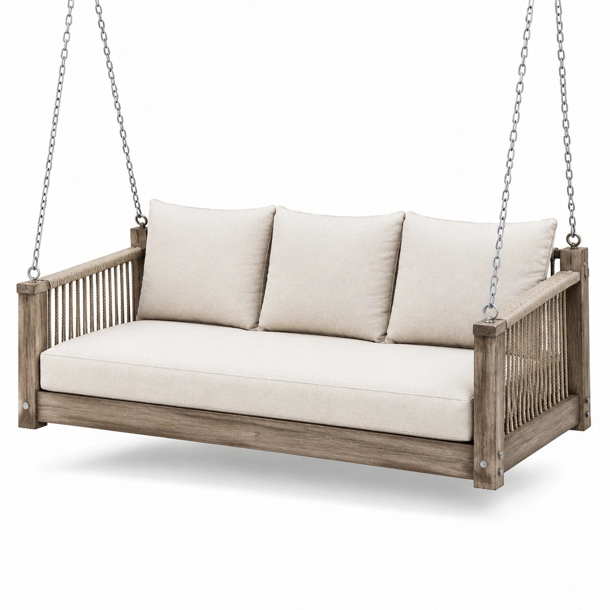 Seduta sospesa a tre posti 180 × 85 × 65 cm in legno con cuscini beige e finitura marrone