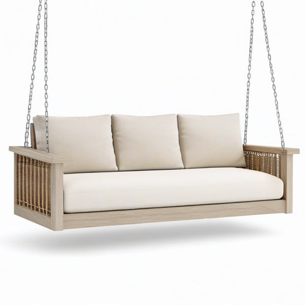 Divano sospeso da giardino a 3 posti, 200 × 85 × 70 cm, legno naturale, corda intrecciata e cuscini beige