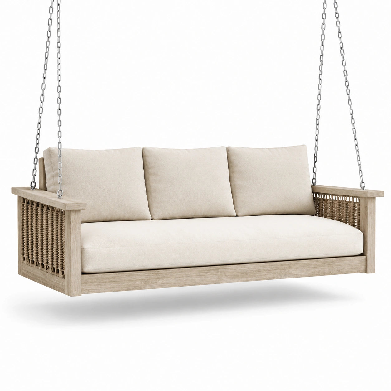 Divano sospeso da giardino a 3 posti, 200 × 85 × 70 cm, legno naturale, corda intrecciata e cuscini beige