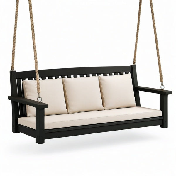 Dondolo sospeso da giardino a 3 posti, 180 × 70 × 65 cm, in legno nero con cuscini beige