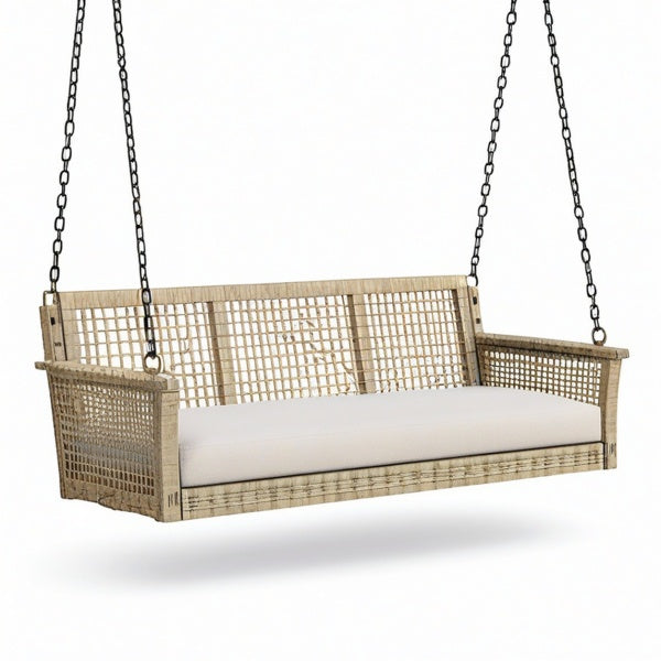 Dondolo sospeso da giardino a 3 posti 170 × 70 × 65 cm in rattan sintetico beige con cuscino bianco e catene nere