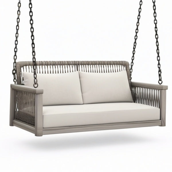 Divano sospeso da giardino a 2 posti, 150 × 75 × 65 cm, legno e corda tortora, cuscini beige