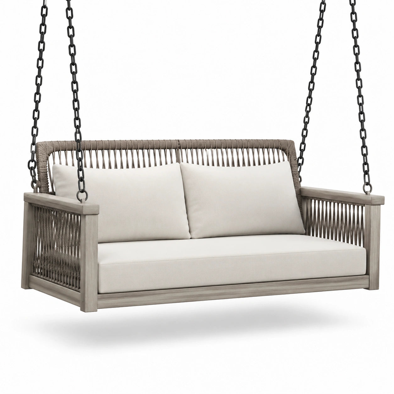 Divano sospeso da giardino a 2 posti, 150 × 75 × 65 cm, legno e corda tortora, cuscini beige