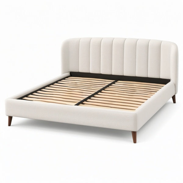 Letto matrimoniale imbottito bianco crema 160 × 200 cm con testiera alta e rete a doghe