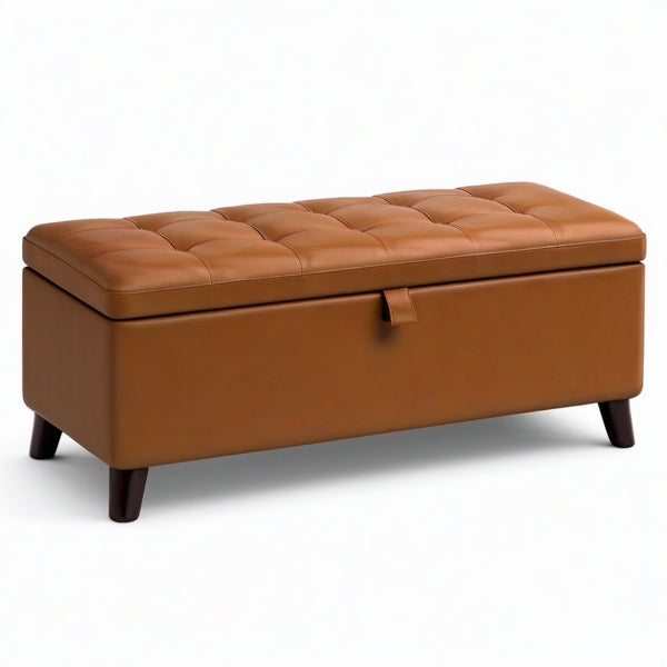 Panca contenitore imbottita 110 × 42 × 48 cm in similpelle cognac con seduta trapuntata
