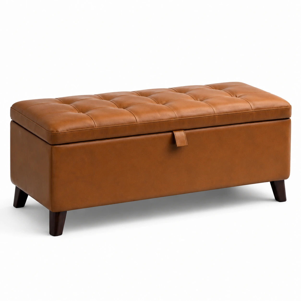 Panca contenitore imbottita 110 × 42 × 48 cm in similpelle cognac con seduta trapuntata