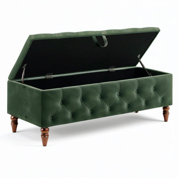 Panca contenitore capitonné in velluto verde con gambe marroni, 120 × 45 × 50 cm
