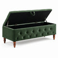 Panca contenitore capitonné in velluto verde con gambe marroni, 120 × 45 × 50 cm