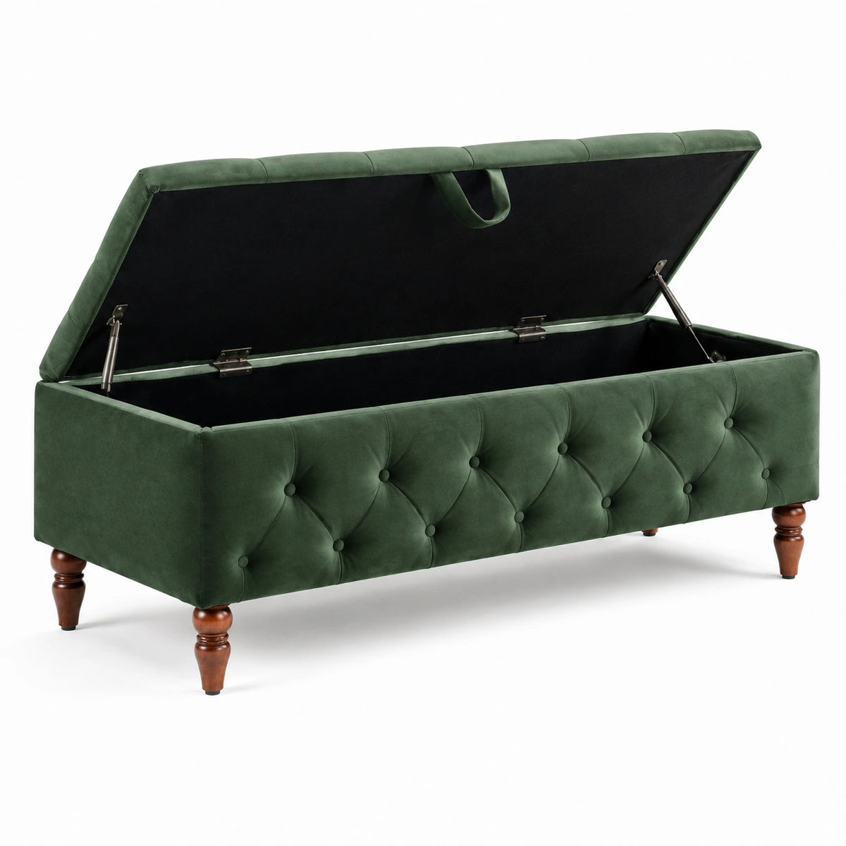 Panca contenitore capitonné in velluto verde con gambe marroni, 120 × 45 × 50 cm