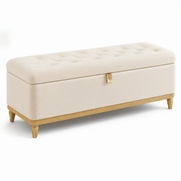 Panca contenitore in bouclé crema 120 × 45 × 47 cm con seduta capitonné e dettagli dorati