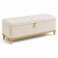 Panca contenitore in bouclé crema 120 × 45 × 47 cm con seduta capitonné e dettagli dorati