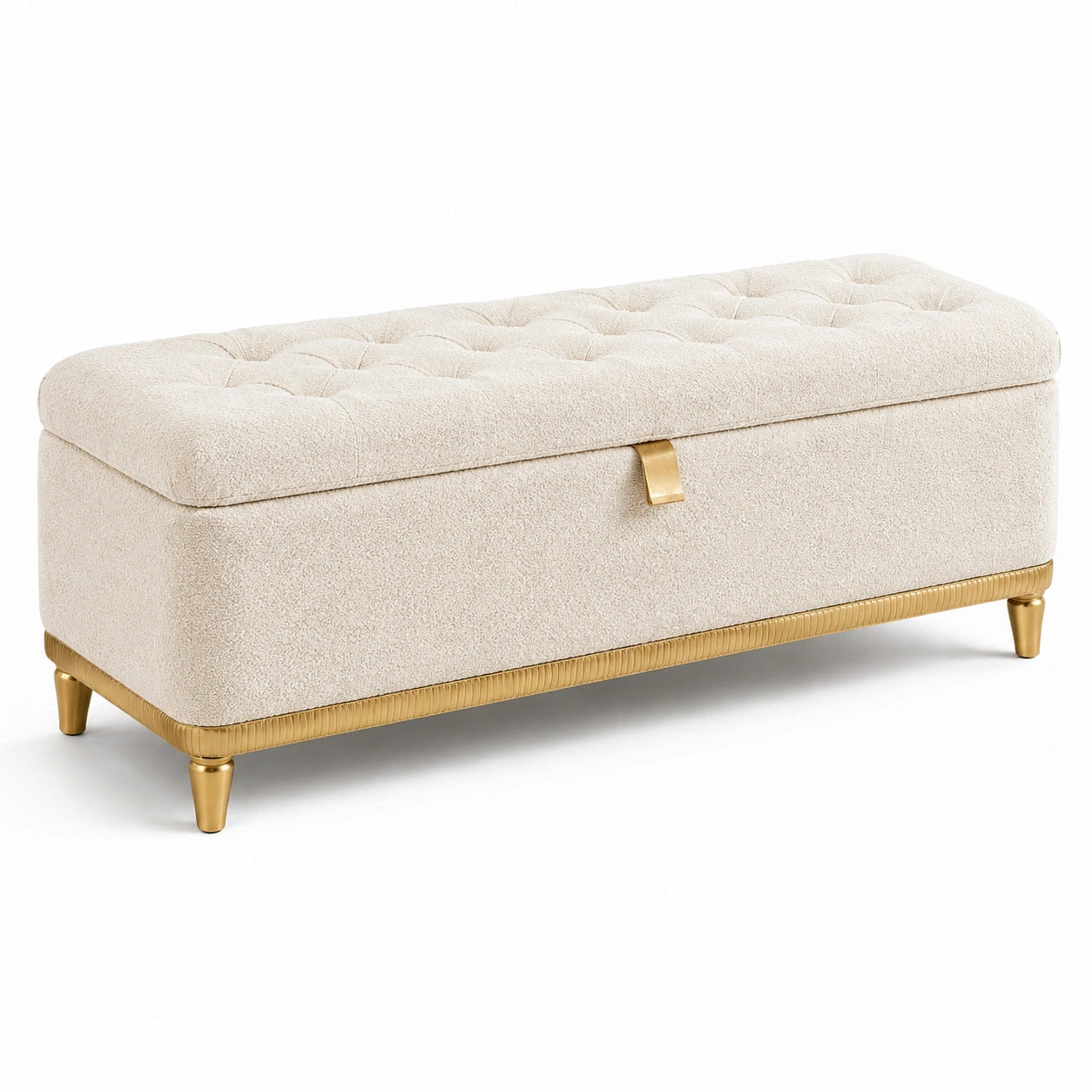 Panca contenitore in bouclé crema 120 × 45 × 47 cm con seduta capitonné e dettagli dorati
