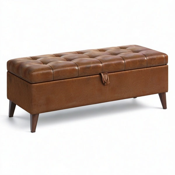 Panca contenitore vintage in similpelle marrone con seduta trapuntata, 120 × 40 × 48 cm