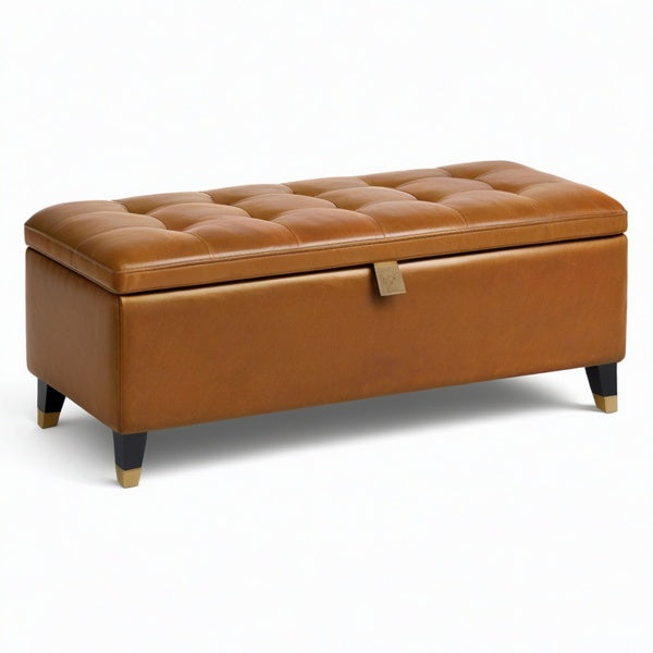 Panca contenitore marrone cognac 120 × 45 × 47 cm in similpelle con seduta capitonné