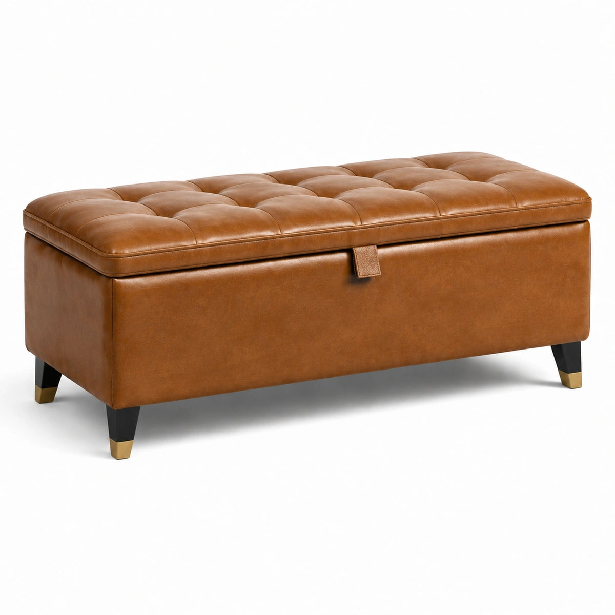 Panca contenitore marrone cognac 120 × 45 × 47 cm in similpelle con seduta capitonné