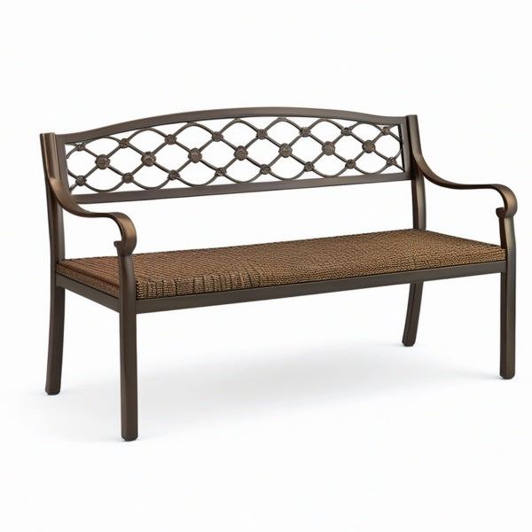 Panchina da giardino a 2 posti 127 × 58 × 86 cm in metallo marrone scuro con seduta marrone intrecciata