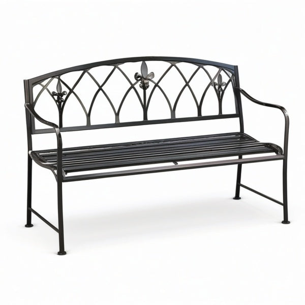 Panca da giardino in metallo nero a 2 posti, 127 × 56 × 86 cm, con schienale decorativo