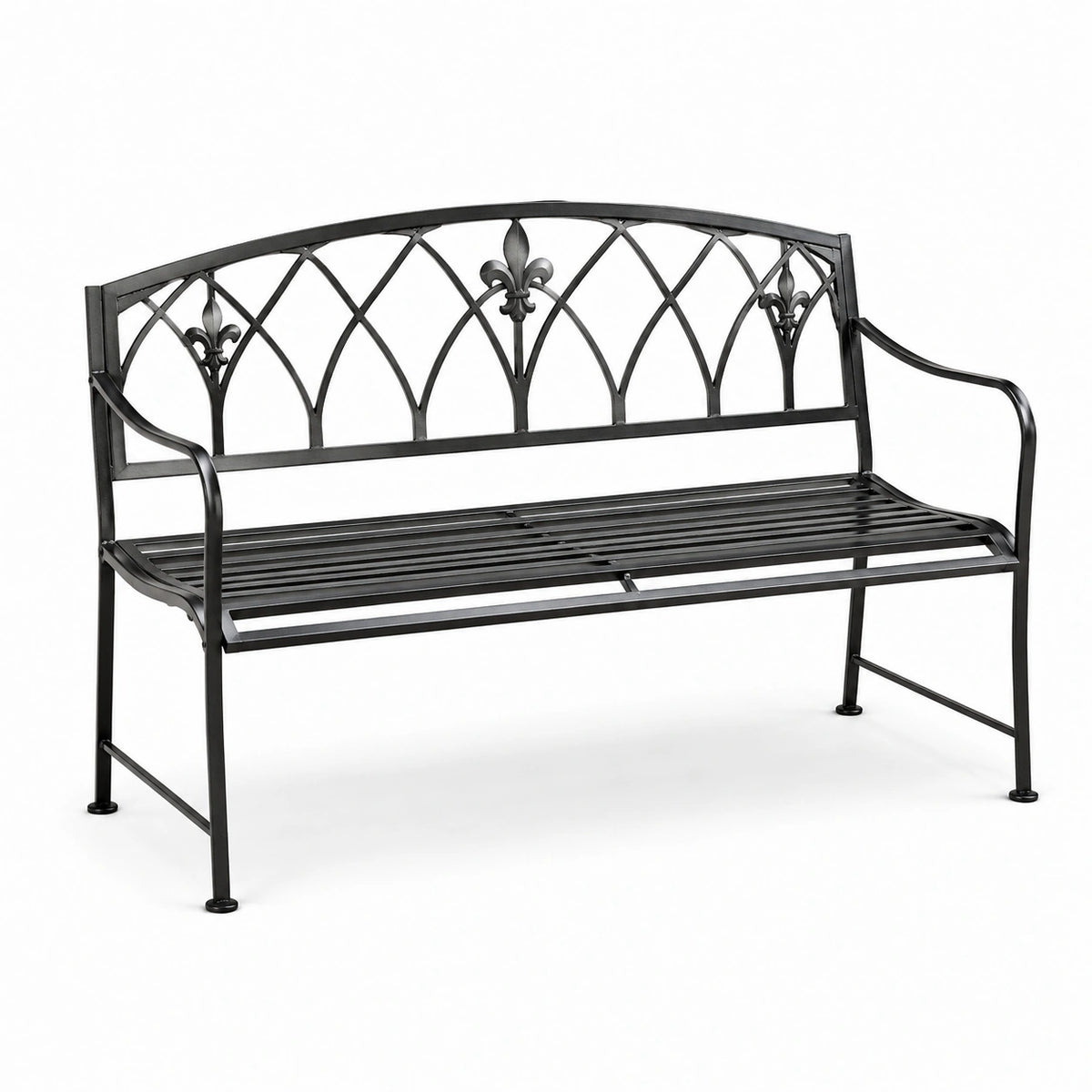 Panca da giardino in metallo nero a 2 posti, 127 × 56 × 86 cm, con schienale decorativo