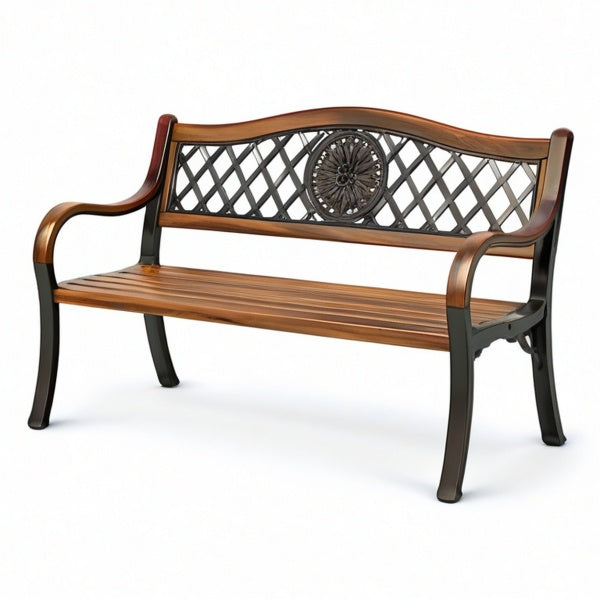 Panca a 2 posti 127 × 60 × 85 cm in legno marrone e metallo nero con braccioli