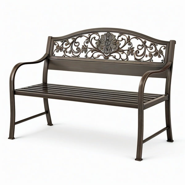 Panca da giardino in metallo bronzo scuro 127 × 60 × 86 cm con schienale floreale