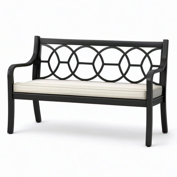 Panchina da giardino a due posti 127 × 60 × 88 cm in metallo nero con cuscino beige e schienale geometrico