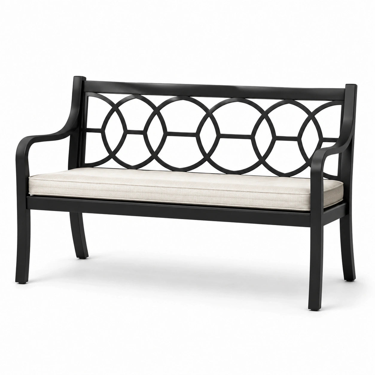 Panchina da giardino a due posti 127 × 60 × 88 cm in metallo nero con cuscino beige e schienale geometrico