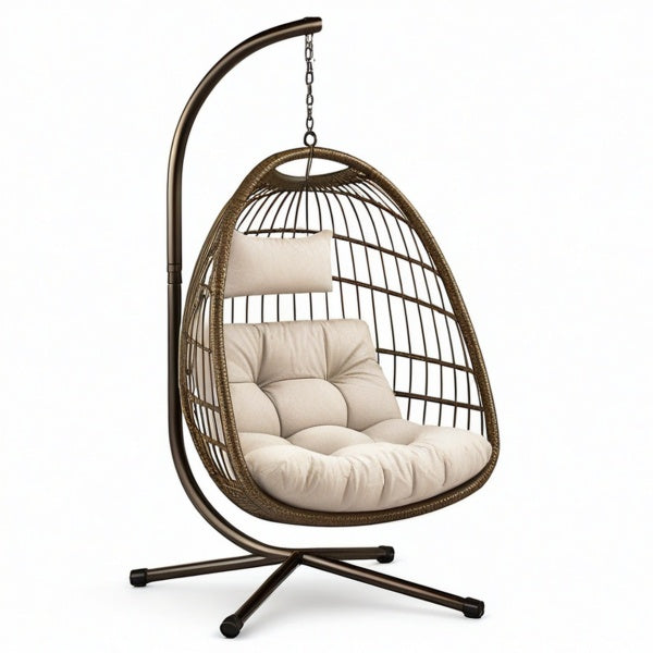 Poltrona sospesa con supporto, 105 × 105 × 195 cm, struttura in acciaio e rattan sintetico marrone, cuscini beige