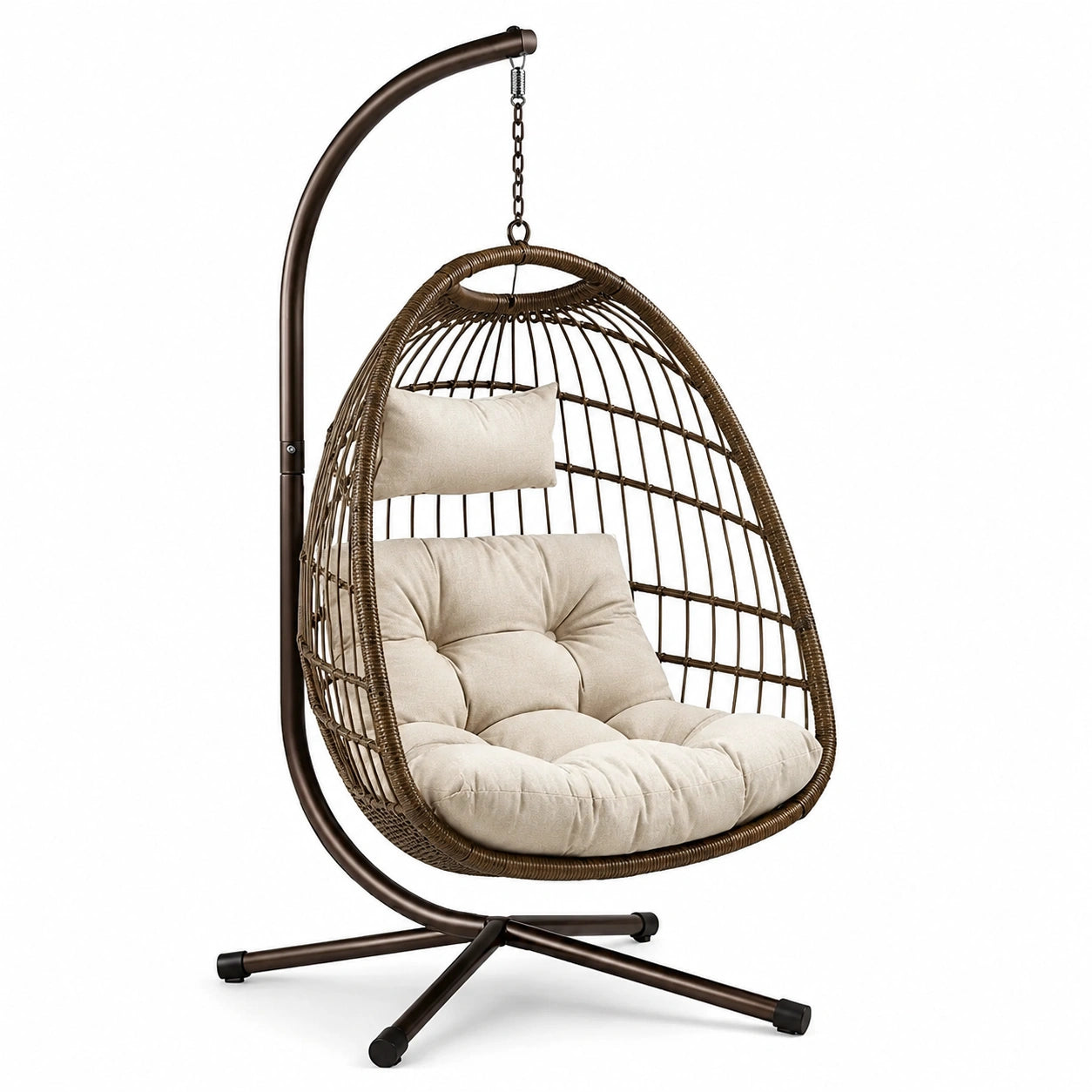 Poltrona sospesa con supporto, 105 × 105 × 195 cm, struttura in acciaio e rattan sintetico marrone, cuscini beige