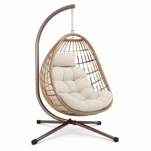 Poltrona sospesa monoposto con supporto e cuscini, 110 × 110 × 195 cm, beige e marrone
