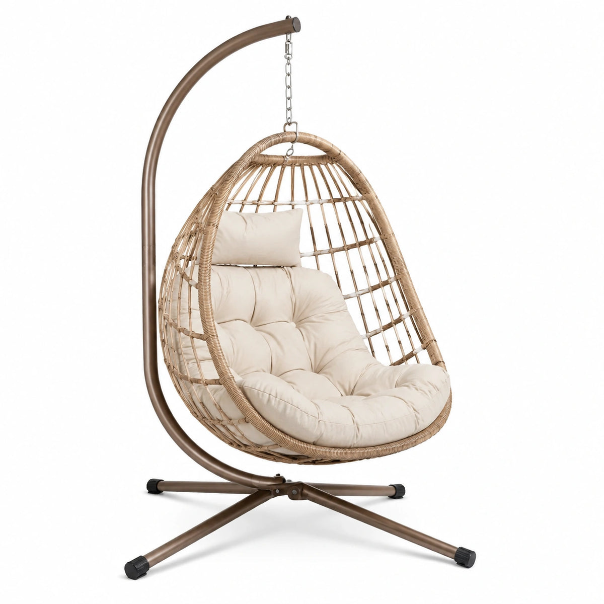 Poltrona sospesa monoposto con supporto e cuscini, 110 × 110 × 195 cm, beige e marrone