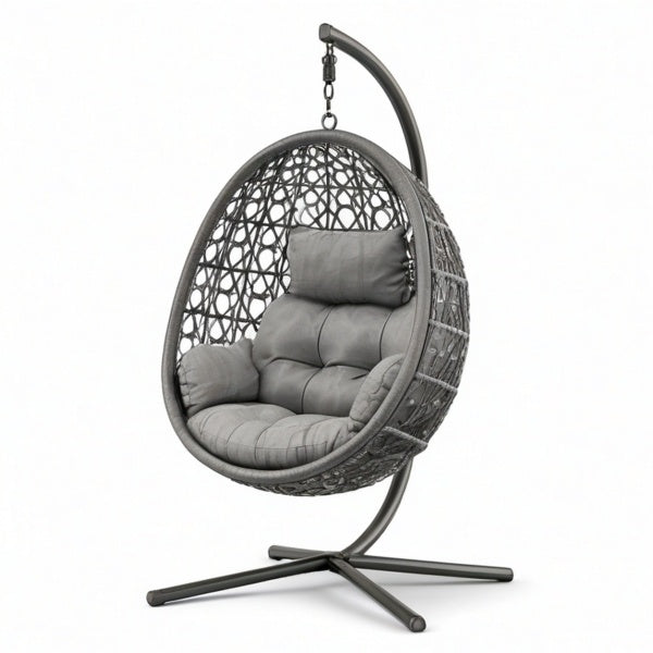 Poltrona sospesa con supporto, cuscini imbottiti e base a quattro razze, 105 × 105 × 195 cm, grigio antracite e grigio