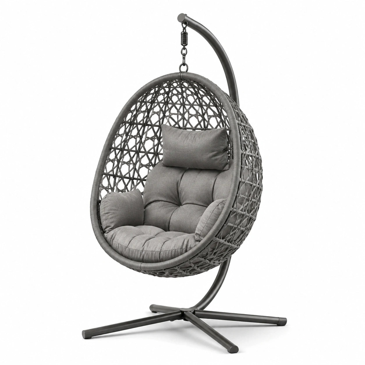 Poltrona sospesa con supporto, cuscini imbottiti e base a quattro razze, 105 × 105 × 195 cm, grigio antracite e grigio