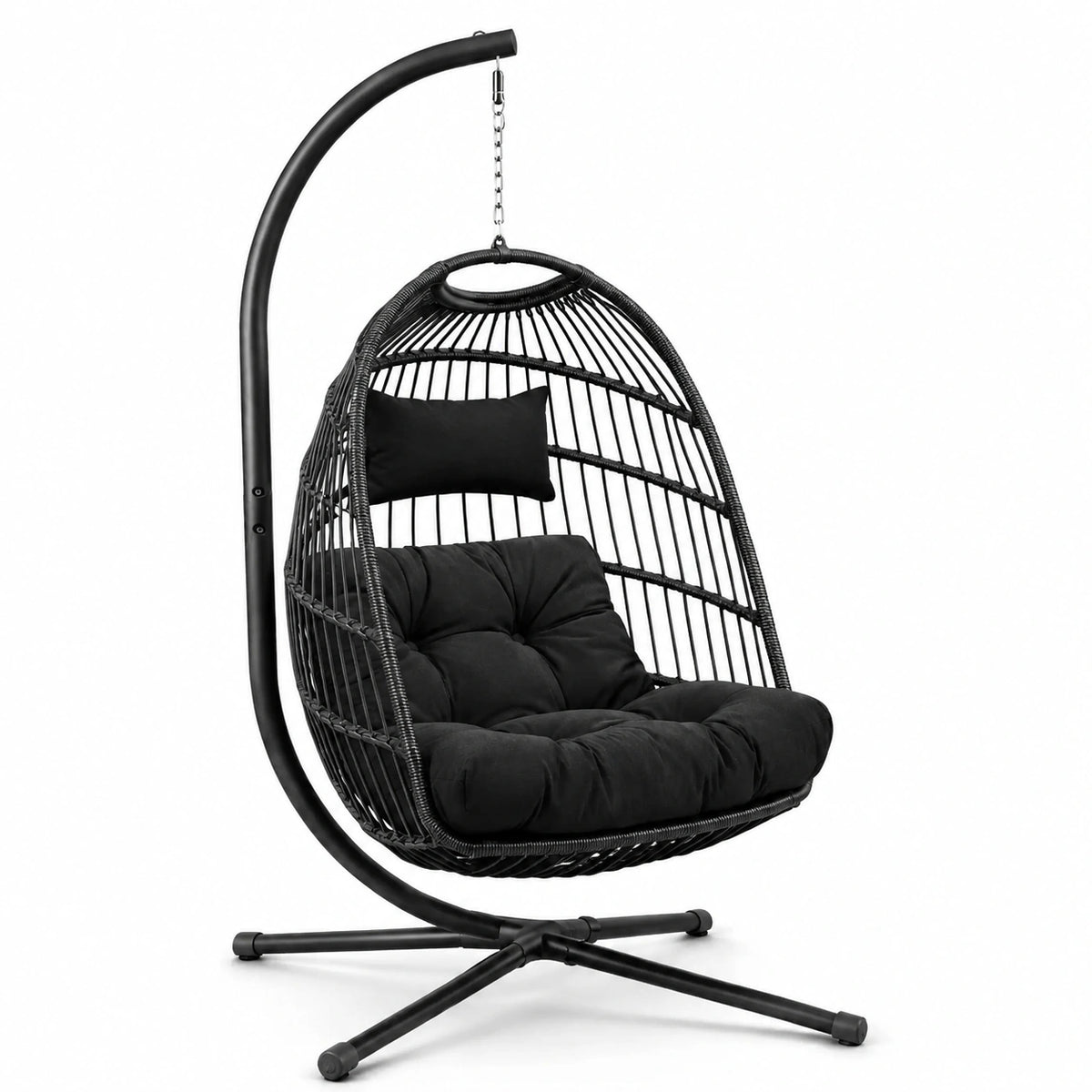 Poltrona sospesa nera con supporto autoportante e cuscini, 105 × 105 × 195 cm, per interni ed esterni coperti